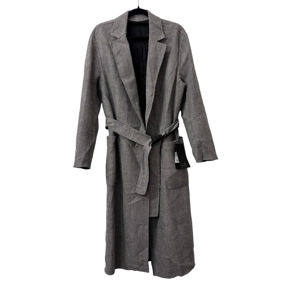 NEW massimo dutti long herringbone gray belted wrap coat Wool Blend Size XS